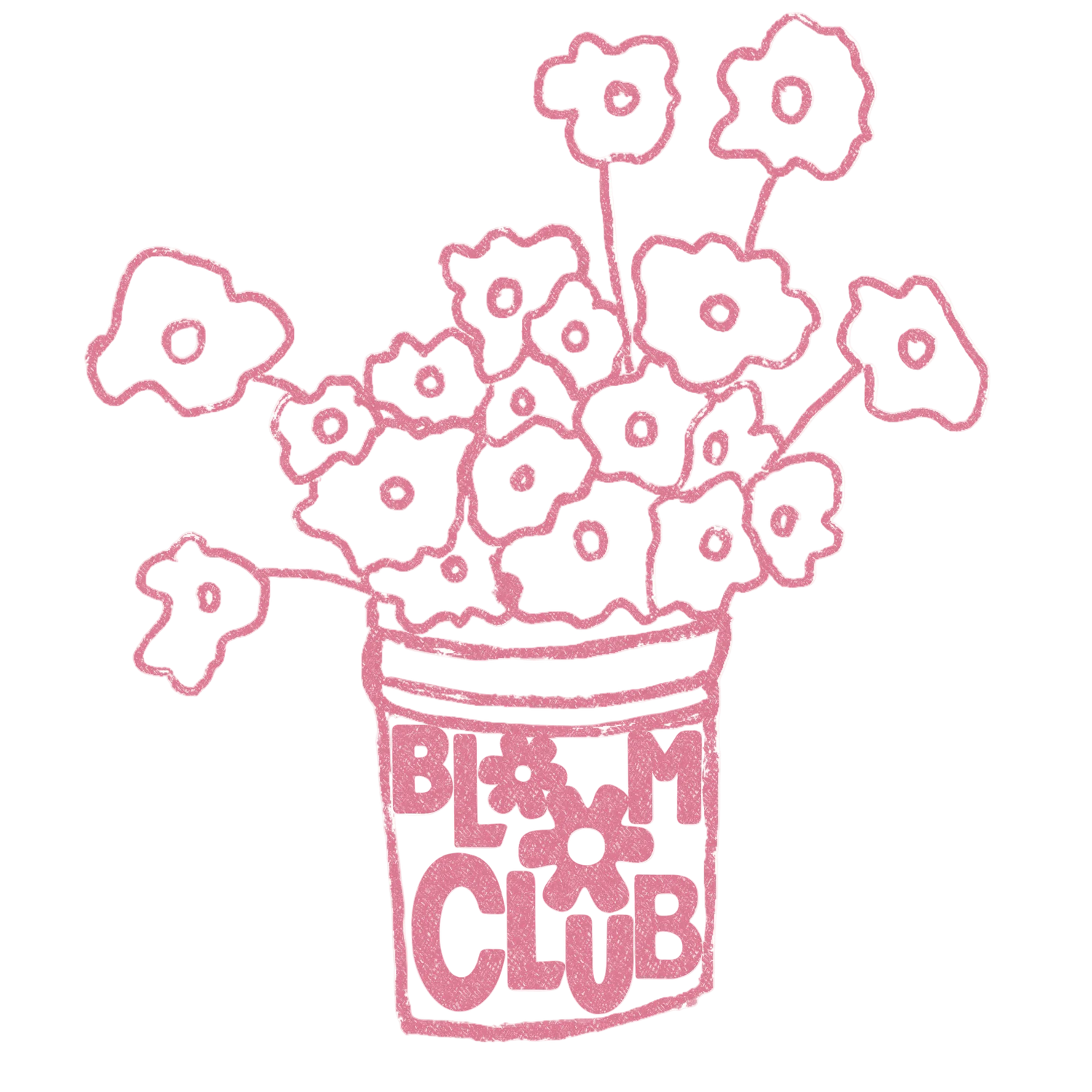 A pink line-art illustration of flowers in a bucket with the words “BLOOM CLUB” on the front, shown on a plain white background.